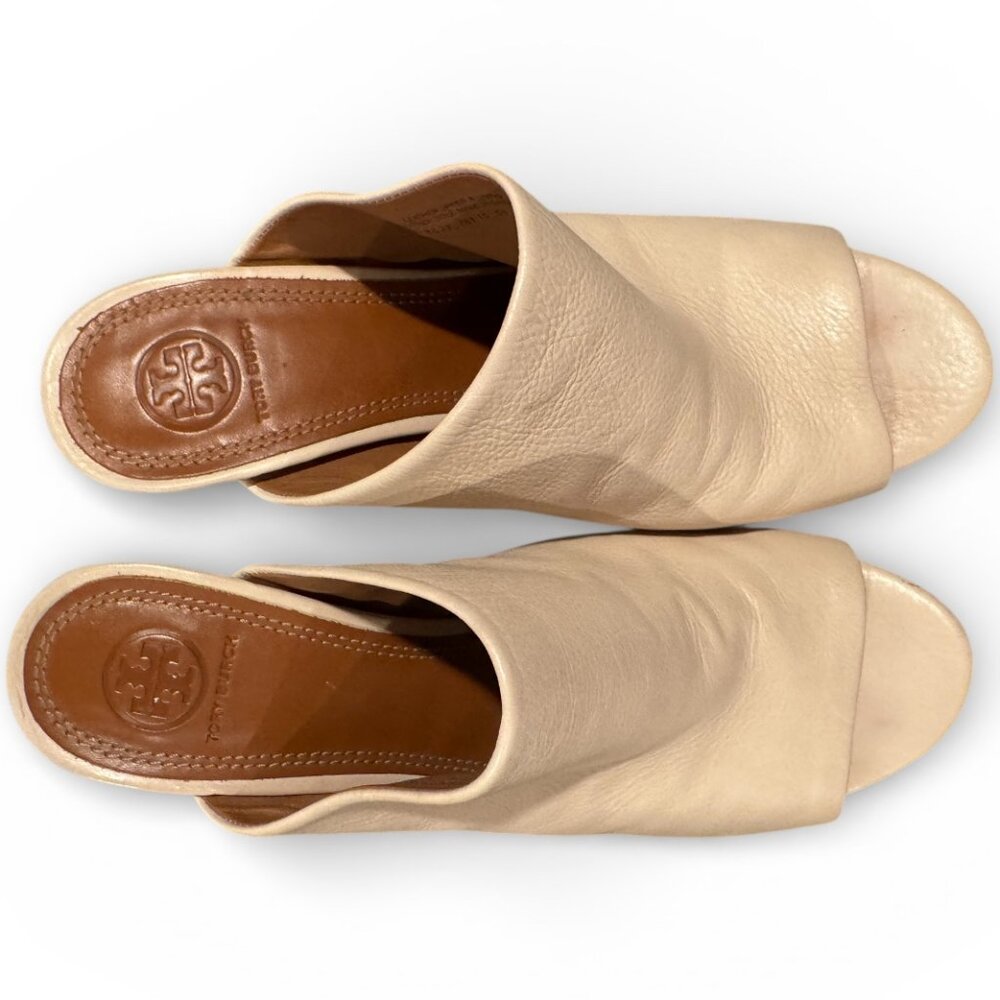 Tory Burch Raya Leather Open Toe Block Heel Mules Cream | Women’s 9.5 Designer - Picture 5 of 9